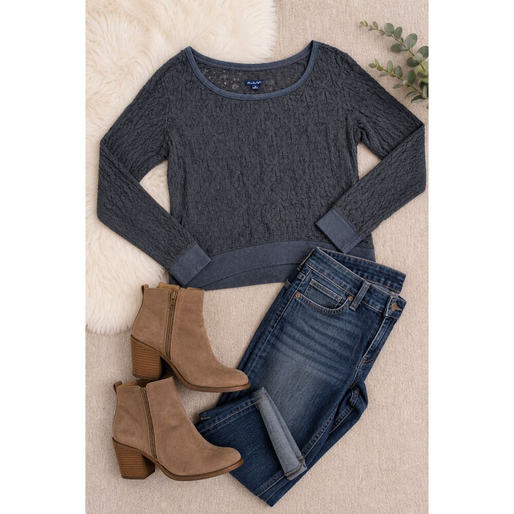 American Eagle Lace Top S Dark Gray Long Sleeve Textured Casual